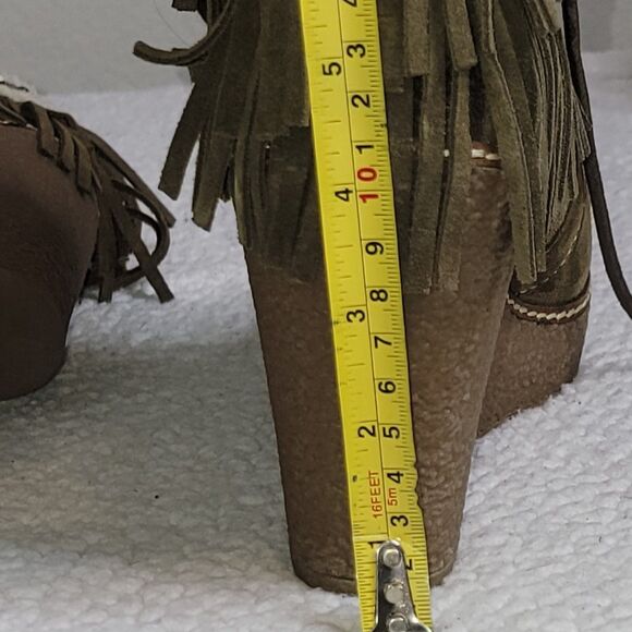 Sam Edelman Sz 10 Boho Retro Green Suede Fringe Stud Sherpa Cottagecore Booties - Picture 9 of 11